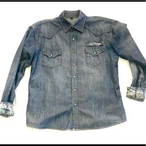 Ed Hardy Button-Down Denim “Tiger” Pear Snap Shirt